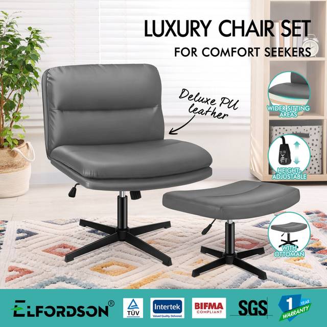 ELFORDSON Office Chair Computer Cross-legged Seat Work Ottoman PU Leather Grey