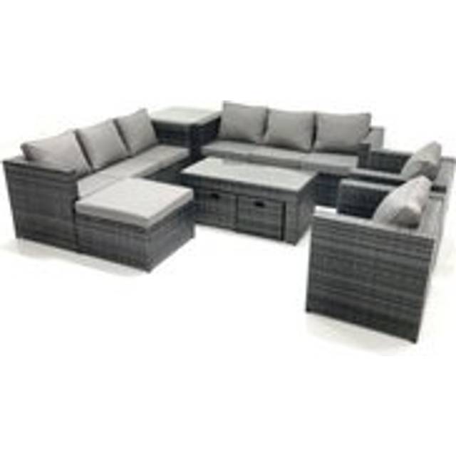 Fimous Rattan Garden Furniture Sofa Set with Coffee table Armchair Side Table 3 Footstools Dark Grey Mixed