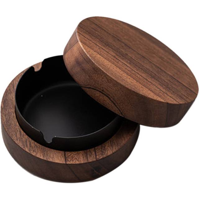 Walnut Ashtray with Lids Windproof Wooden Portable Ash Holder for Smokers Desktop Office,Men's Gift(Black)