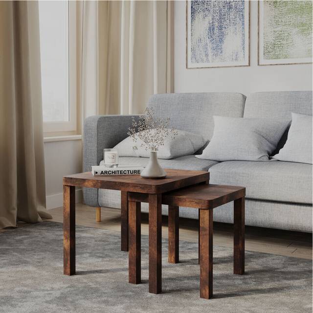 (Rustic Brown) Set of 2 Square Wooden Nesting Stacking Coffee Side Tables Living Room Furniture