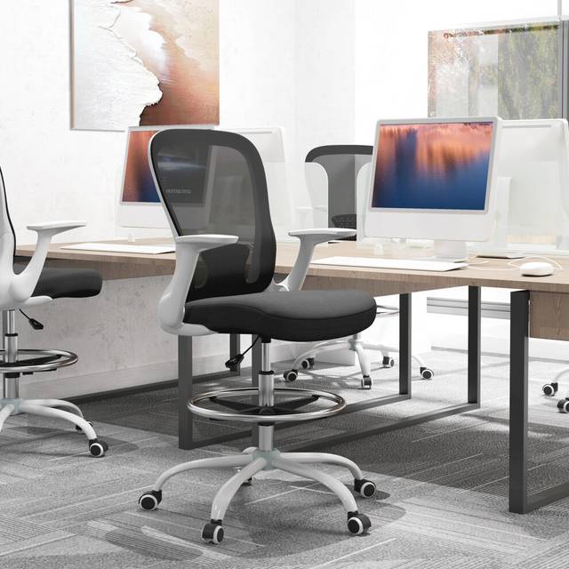 Mesh Draughtsman Chair, Ergonomic Drafting Chair, Black White - Homcom