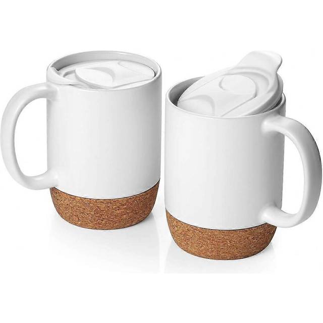(As show, One size) Coffee Mugs Set of 2, 15 OZ Ceramic Mug with Insulated Cork Bottom and Splash Proof Lid, Large Coffee Mug with Handle for Men, Wom