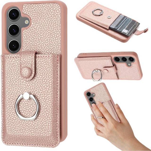 (Rose Gold ) Lychee Pattern Case Compatible with Samsung Galaxy S24 Fe Wallet Case Rotating Ring Stand Magnetic Closure Card Holder Protective Cover