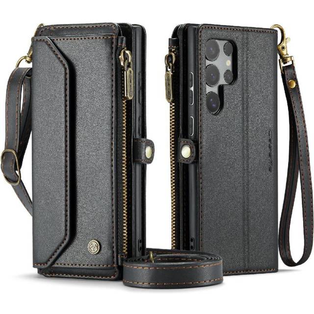 (Black) Crossbody Flip Case Compatible with Samsung Galaxy S24 Ultra 5g Card Holder Zipper Bills Slot Rfid Blocking Case Wallet