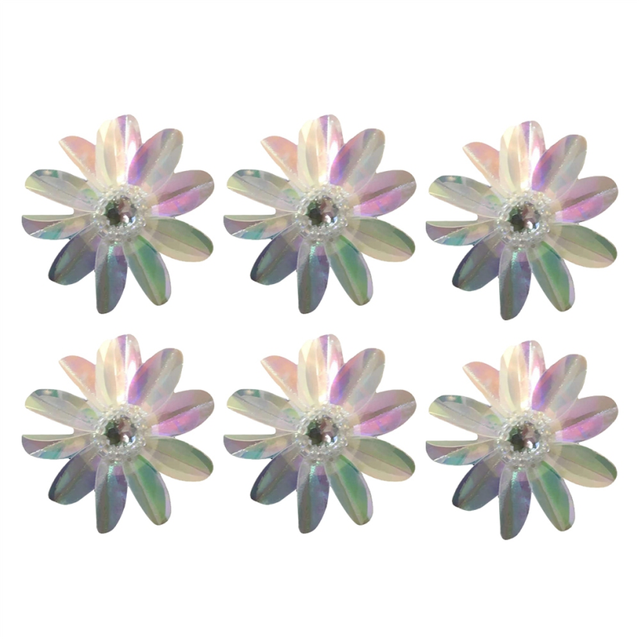 6 Pcs Pearlescent 2 1/2Inch Sequin Flowers Rhinestones Beading Applique, Crystal Beaded Flower Applique