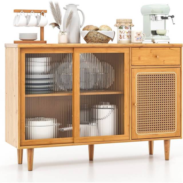 Kitchen Buffet Sideboard Storage Cabinet Cupboard w/ Tempered Glass Sliding Door