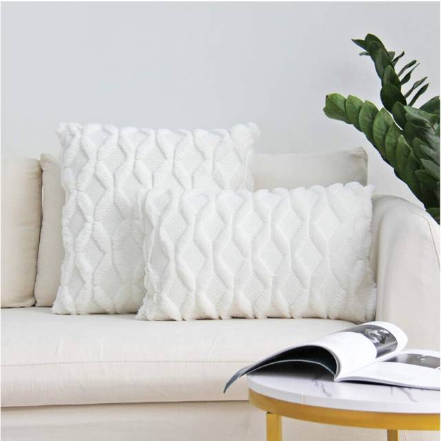 "Plush Short Wool Velvet Decorative Throw Pillow Covers Luxury Style Cushion Case Faux Fur Pillowcases for Sofa Bedroom Pack of 2 -12""x20""-White"