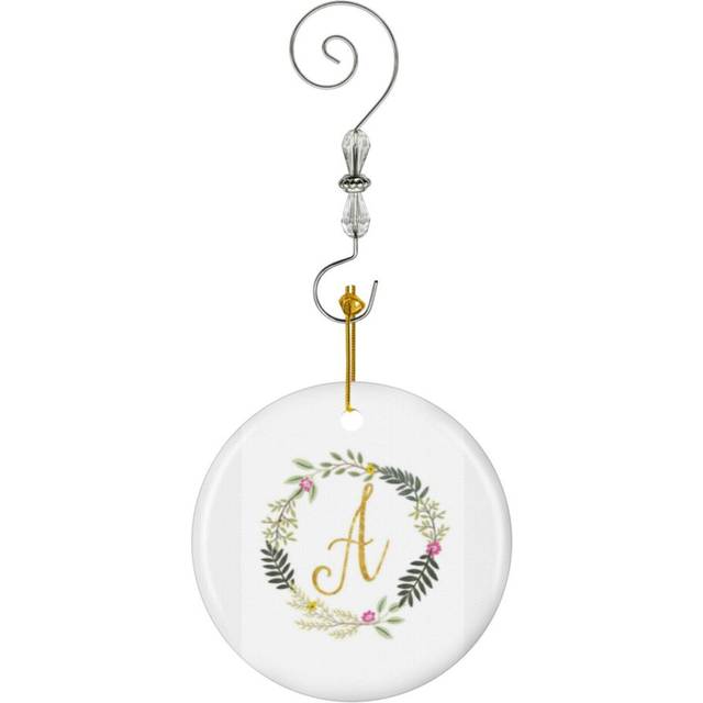 (Floral And Gold Initial Monogram A-10423) Christmas Ornaments Ceramic Charm with Hook Crystal Handmade Xmas Tree Decorations KeepsakeÂStocking Stuff