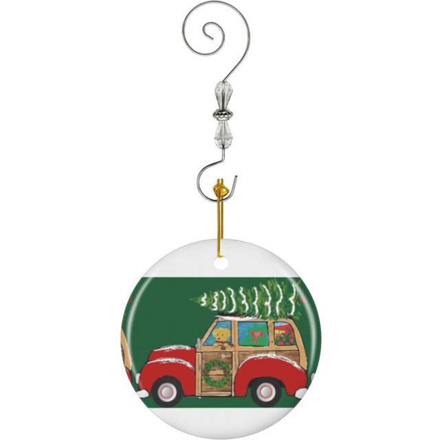 (Christmas Woody Wagon- Bringing Home The Xmas Tree-8942) Christmas Ornaments Ceramic Charm with Hook Crystal Handmade Xmas Tree Decorations KeepsakeÂ