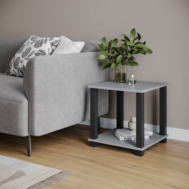 (Grey & Black) 2 Tier S-Tube End Table Small Wood Bedside Nightstand With Storage Shelf
