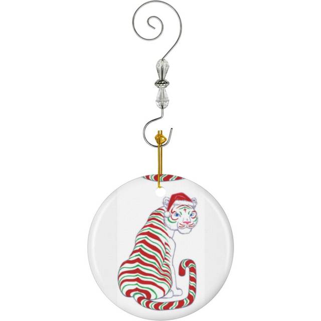 (Christmas Candy Cane Tiger- Sweet Peppermint Holiday-6434) Christmas Ornaments Ceramic Charm with Hook Crystal Handmade Xmas Tree Decorations Keepsak