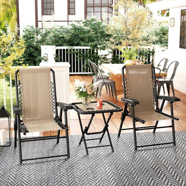 Outsunny 3 Pieces Folding Garden Bistro Set with Cup Holders, Khaki