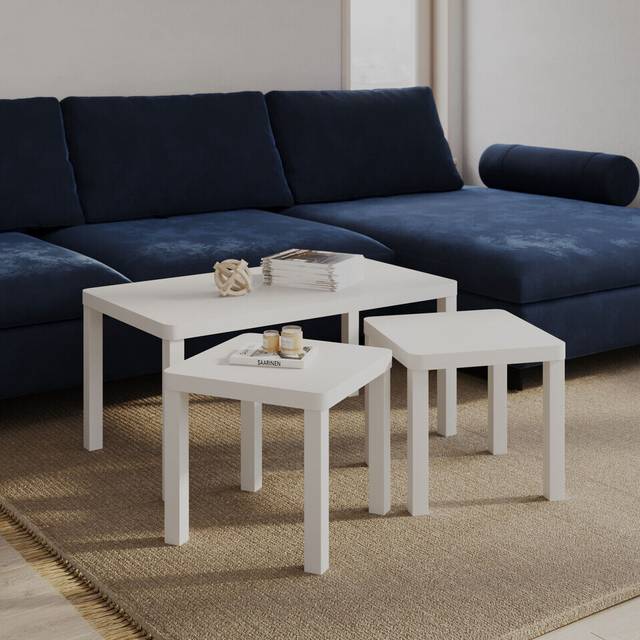 (White) Set of 3 Wooden Nesting Stacking Coffee Side Centre Tables Living Room Furniture