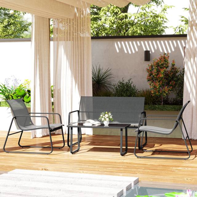 4 Piece Garden Furniture Set Patio Sofa Set w/ Chairs and Glass Top Table - Light Grey - One Size