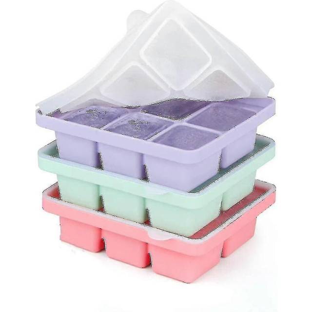 (As show, One size) Ice Cube Tray With Lid, 3 Packs 18 Cubes, Silicone Large Ice Cube Molds, Flexible Stackable And Eas
