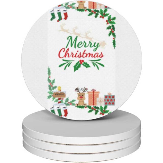 (Merry Christmas=10071) Ceramic Coasters Set of 4 Xmas for Drink Wine Beer Bar with Cork Base Housewarming Birthday Christmas Gift