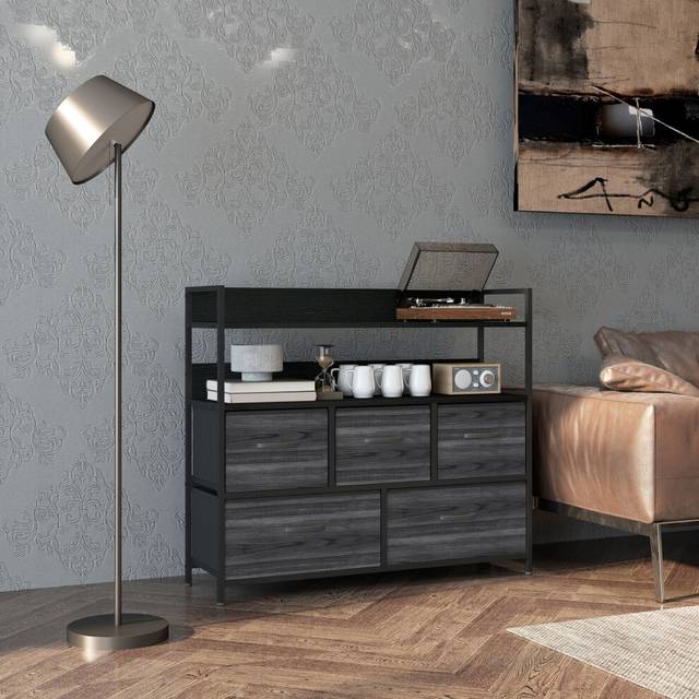HOMCOM Bedroom Chest of Drawers 5 Drawer Dresser w/ Shelves - Black | TJ Hughes