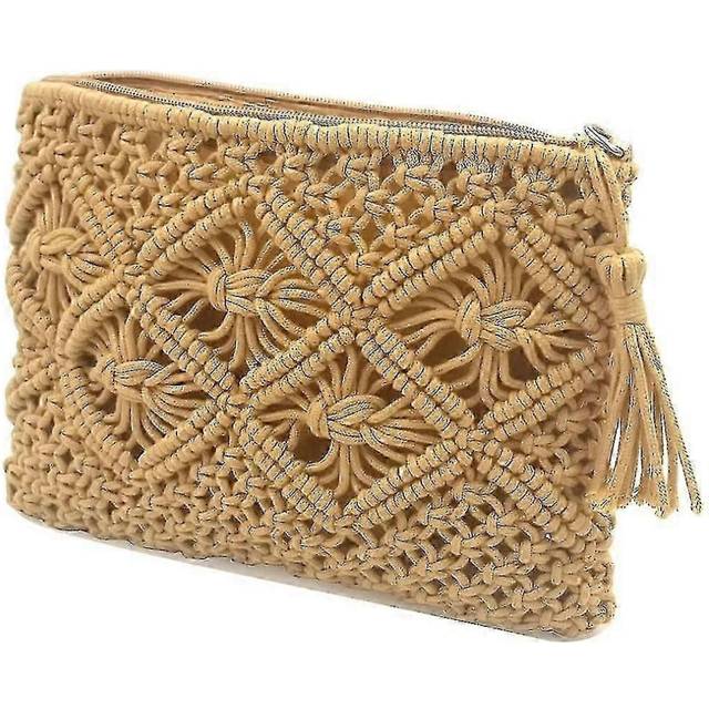 (As show, One size) Women Vintage Crochet Clutch Woven Beach Envelope Straw Summer Tassel Bag