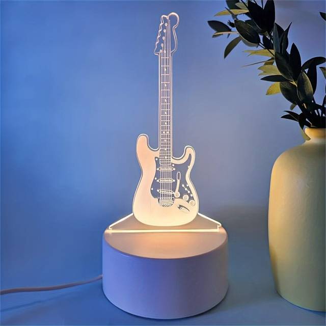 (Warm Color) Modern Geometric Table Lamp 3D Guitar LED Night Light with Warm White Mini Art Shade