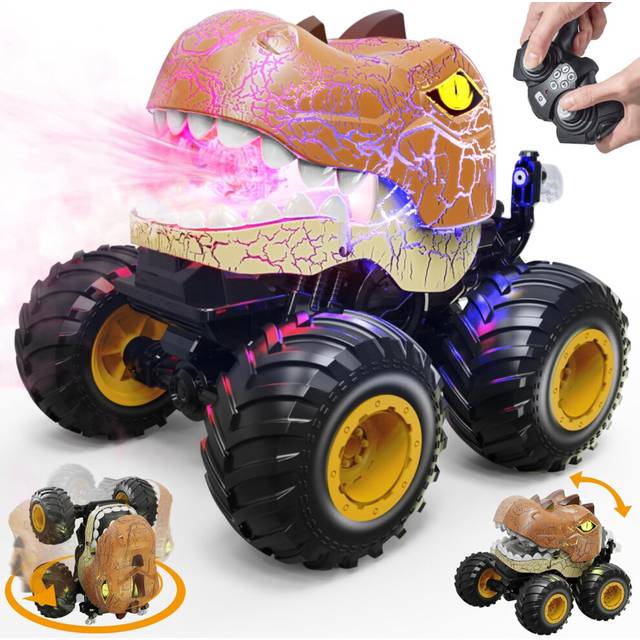 Dinosaur Remote Control Car, RC Monster Trucks for Boys Age 4-7, 2.4GHz RC Stunt Car with Spray Lights & Sound, All Terrain Indoor/Outdoor Toys