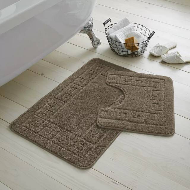 (Mocha) JACQUARD GREEK STYLE BATH MAT PEDESTAL SET NON SLIP TOILET BATHROOM RUGS 2 PIECE
