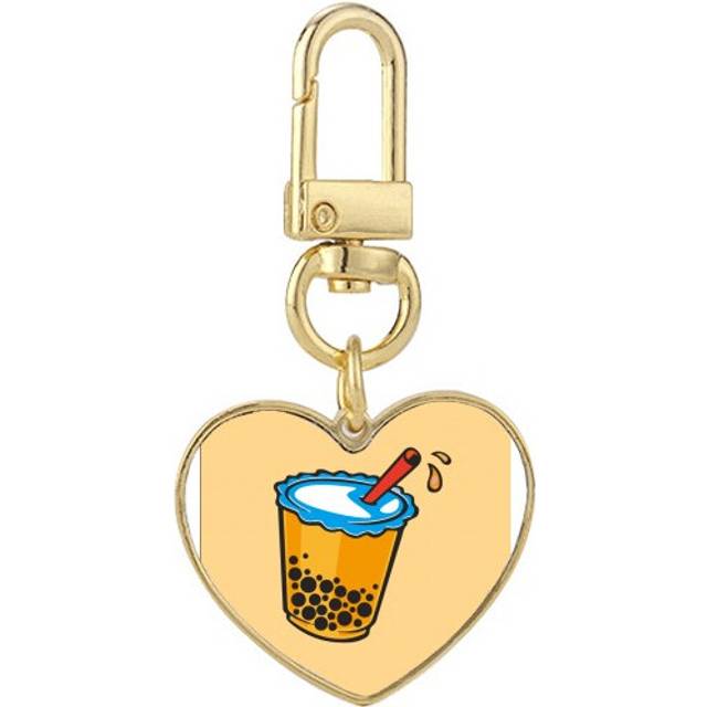 Hand Drawn Milk Tea Tempting Attract Gold Heart Keychain Metal Keyring Holder