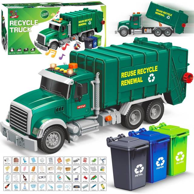 Garbage Truck Toy - Recycling Truck for Boys with 3 Garbage Cans + 48 Flash Cards - Push & Go, Lights & Sounds - Multi-Functional Trash Truck