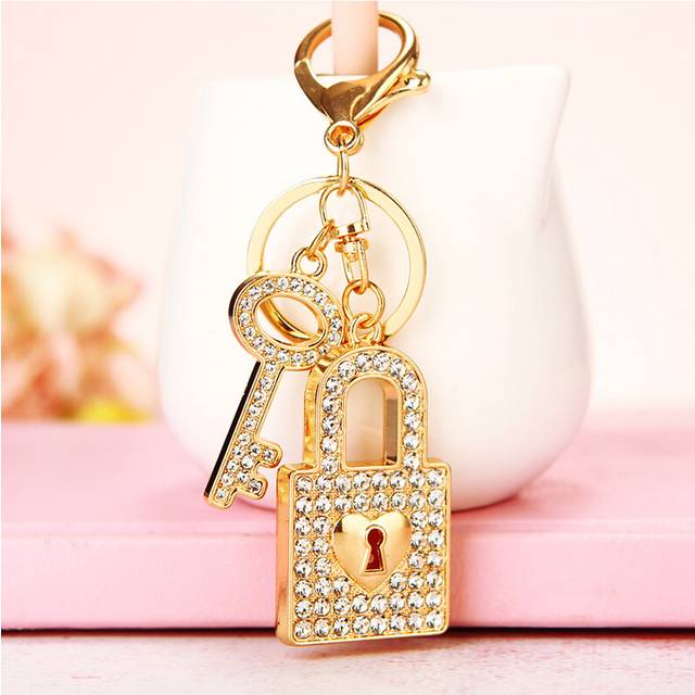 (Gold Lock) Sparkling Keychain Rhinestone Pendant Chic Accessory For Couples Creative Gift Idea