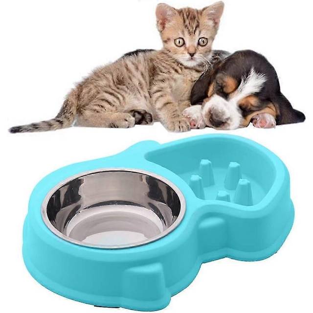 (As show, One size) double water and food bowl 1 stainless steel bowls and 1 anti glutton bowl for cats and small dogs (blue)