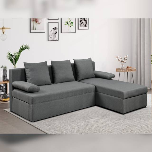 Grey Linen L Shaped Corner Sofa Bed with Storage