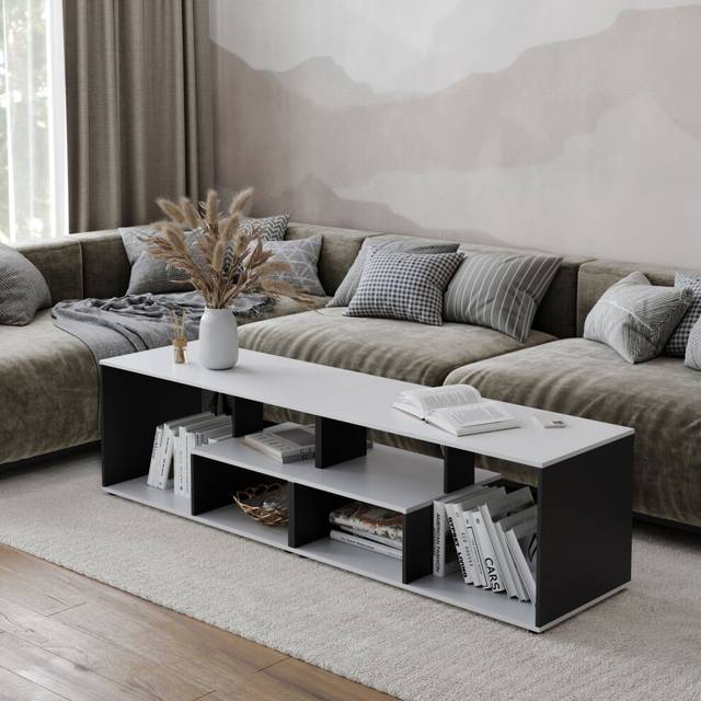(White/Black) 160cm Large Shelby Abstract Double Coffee Table with Storage Shelves TV Stand