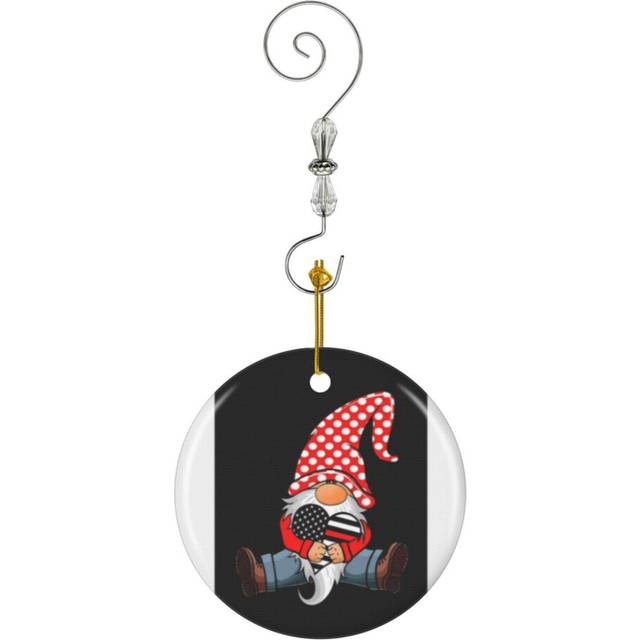 (Gnome Holding Thin Red Line Firefighter Love Heart-2397) Christmas Ornaments Ceramic Charm with Hook Crystal Handmade Xmas Tree Decorations KeepsakeÂ