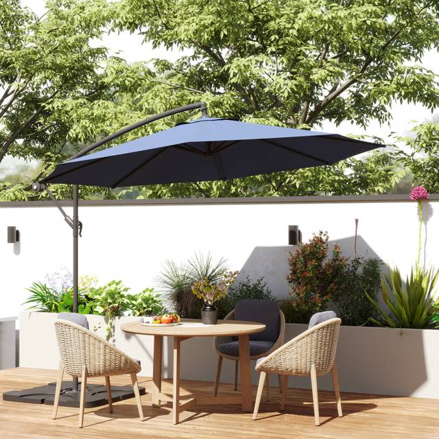Outsunny 3(m) Banana Parasol Cantilever Umbrella Garden w/ Base Weights, Blue