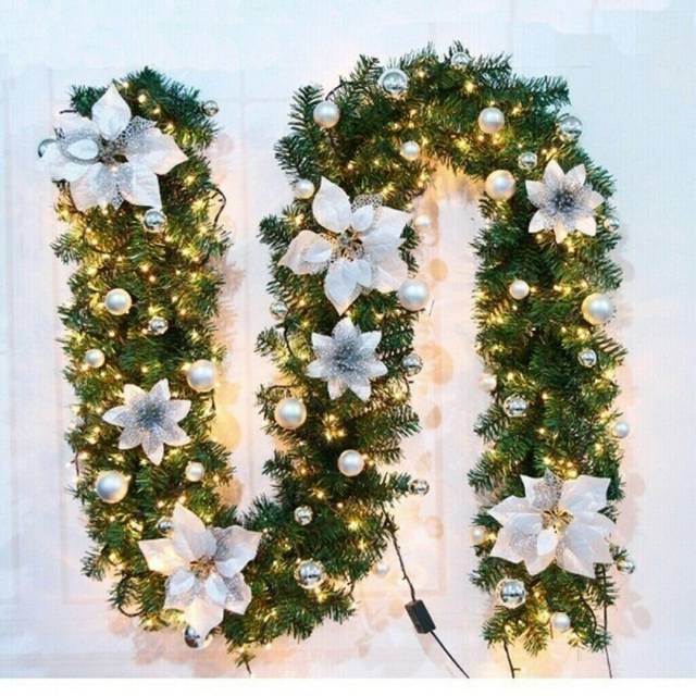 (Silver) (Red) 9FT Christmas Garland LED Lights Up Xmas Wreath Fireplace Door Decor