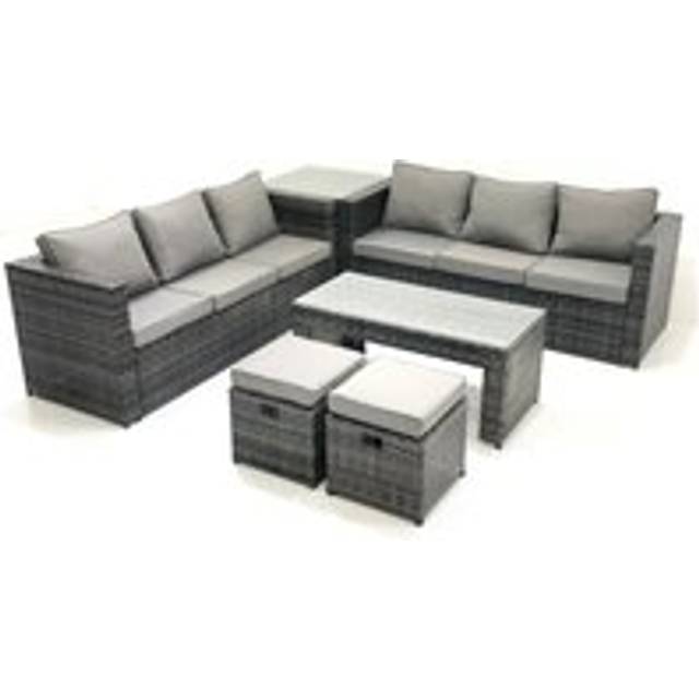 Fimous Garden Outdoor Rattan Furniture Set with Sofa Coffee table 2 Small Footstools Side Table Dark Grey Mixed