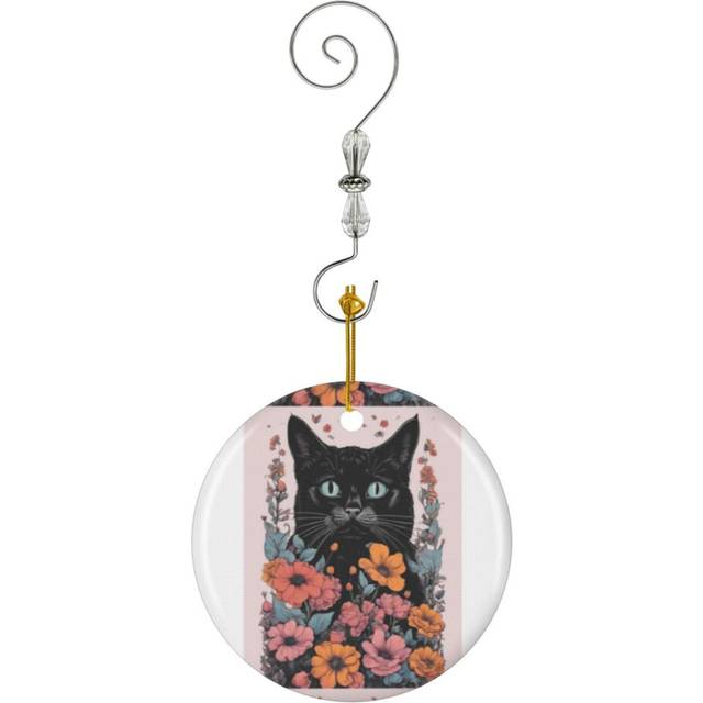(Pastel Aesthetic Art Black Cat In Autumn Bloom - Fall Vibes Art_9693) Christmas Ornaments Ceramic with Crystal Hook Xmas Handmade Tree Decorations Ke