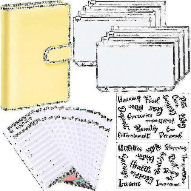 (Yellow, One size) A6 Binder Budget Planner Notebook Covers Folder Size 6 Hole Pockets Plastic Zipper Money Saving Envelope
