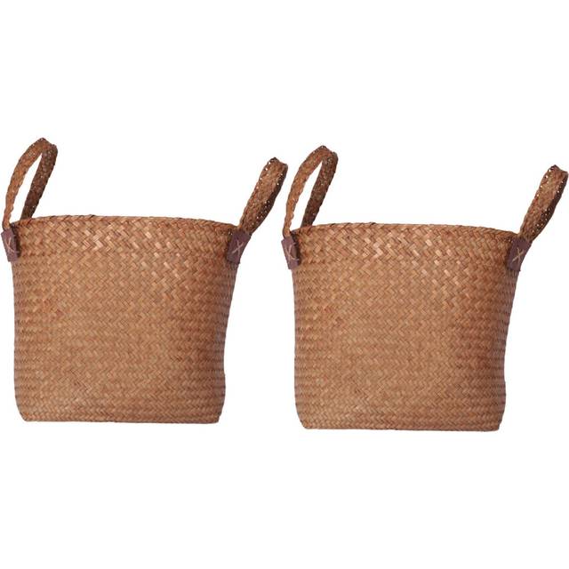 2X Natural Round Straw Basket Bin Handmade with Handgrip Orange 33X21X26cm