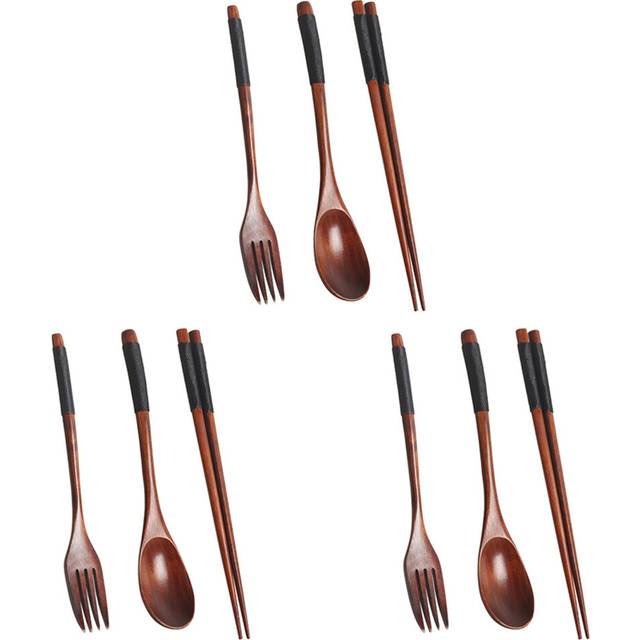 3X Wooden Flatware Set, Wooden Portable Set Chopsticks Spoon Fork Tableware Dinnerware with Black Twining Thread