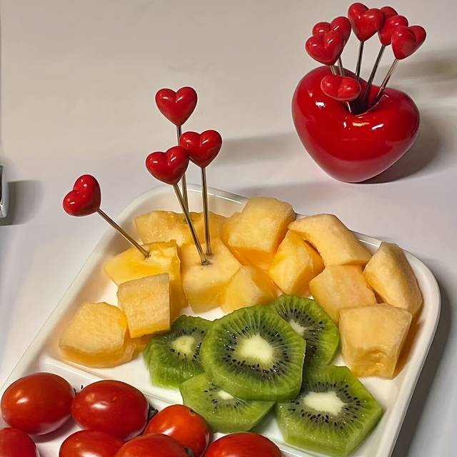 (Red, 10 Forks   Storage Base) 10pcs Stainless Steel Love Heart Fruit Fork Set, Cake Forks for Snack Tableware