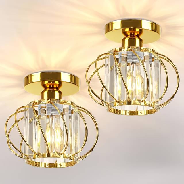 (Golden) 2-Pack Industrial Semi-Flush Mount Ceiling Lights, Crystal Accented Metal Cage