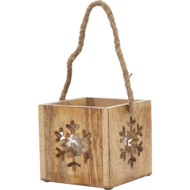 Natural Wooden Snowflake Tealight Candle Holder - Glass - L14 x W14 x H14 cm - Brown