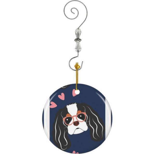 (Tricolor Cavalier King Charles Spaniel With Glasses-9844) Christmas Ornaments Ceramic Charm with Hook Crystal Handmade Xmas Tree Decorations Keepsake