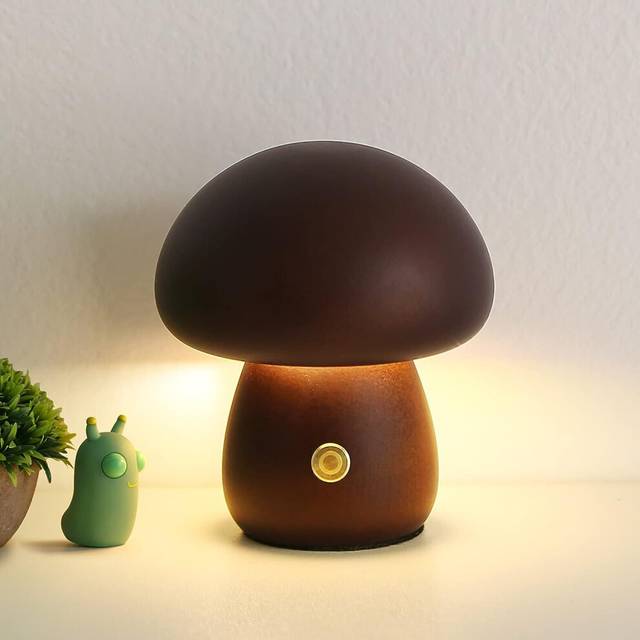 Mushroom Lamp for Bedroom, Portable Dimmable Bedside Lamp with USB Charging, Cordless Wooden Nightlight, Mushroom Table Lamp for Home Decor (Walnut)