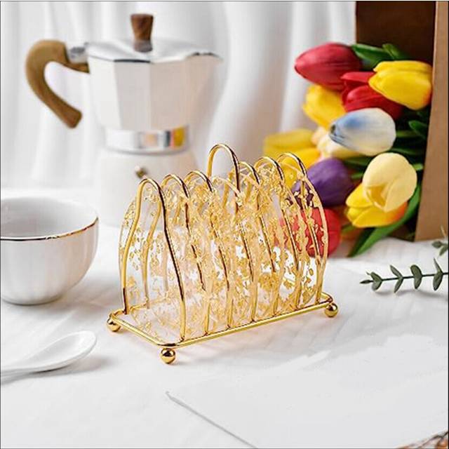 6 Pcs Gold Foil Acrylic Coasters with Holder,Coaster Set for Tabletop Protection Bar Home Kitchen Decor