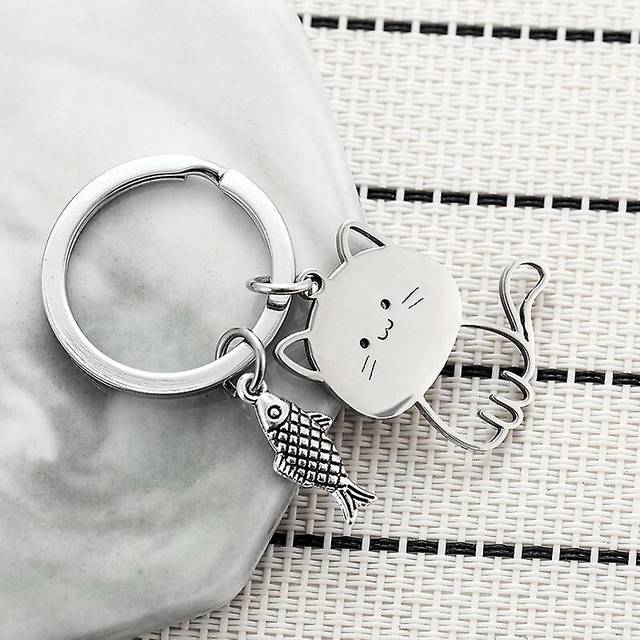 (As show, One size) Funny Cartoon Fish Cat Keychain Couple Stainless Steel Keyring Lovely Pendant
