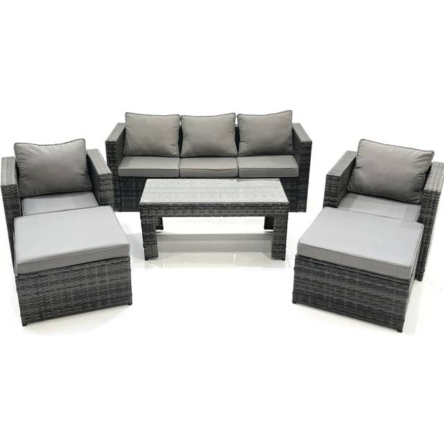 Fimous 7 Seater Rattan Garden Furniture Set Outdoor Lounger Sofa with Coffee Table 2 Armchair 2 Big Footstools Dark Grey Mixed