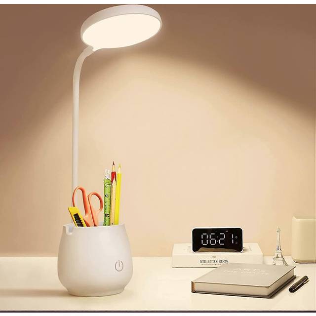 (As show, One size) Desk Lamp for Home Office Dorm, Rechargeable Small LED Desk Light with Pen/Phone Holder, Eye-Caring Small Table Lamp with 3 Color