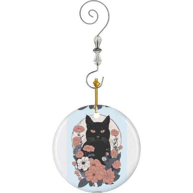 (Pastel Aesthetic Art Black Cat In Autumn Bloom - Fall Vibes Art_7208) Christmas Ornaments Ceramic with Crystal Hook Xmas Handmade Tree Decorations Ke