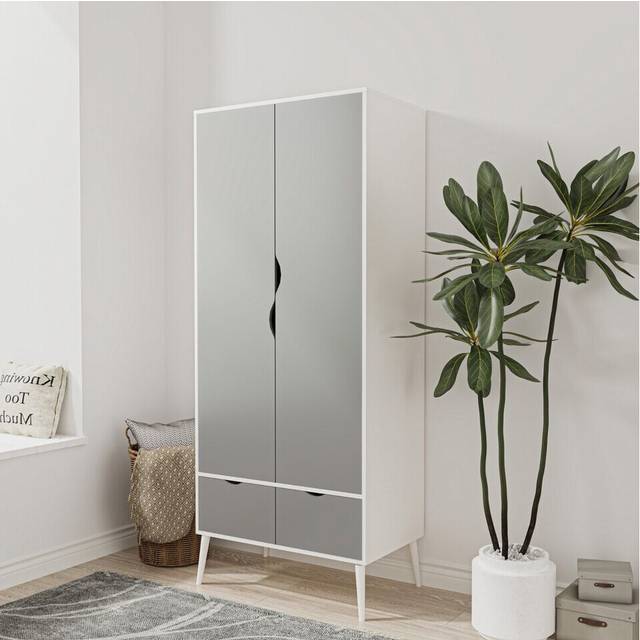 (White Grey) 2 Door 2 Drawer Wardrobe with Scandi Legs Cupboard Hanging Rail 180cm